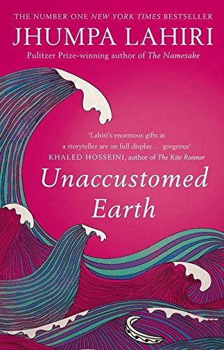 Book cover for “Unaccustomed Earth” with swirling blue wave illustration.