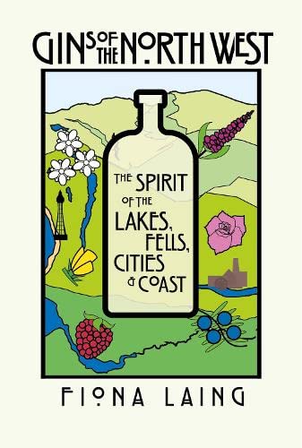 Book cover illustration of a gin bottle with floral and landscape motifs.