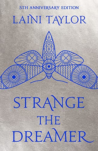 Book cover: "Strange the Dreamer" with a blue moth design.
