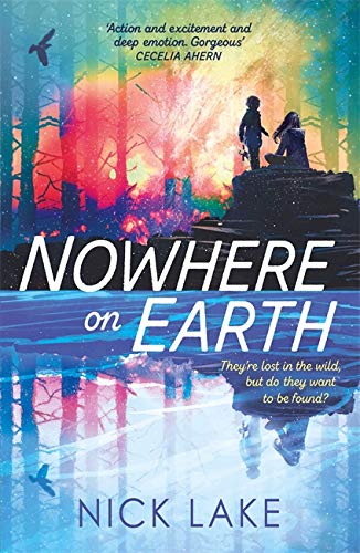 Book cover: "Nowhere on Earth" with figures in a colorful, mirrored forest.
