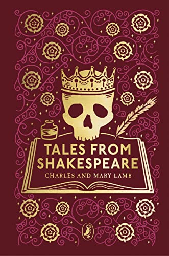 Maroon book cover with gold foil skull, crown, quill, inkwell, and floral patterns.