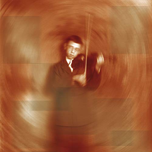 Blurred, sepia-toned image of a man playing a violin with a swirling effect.