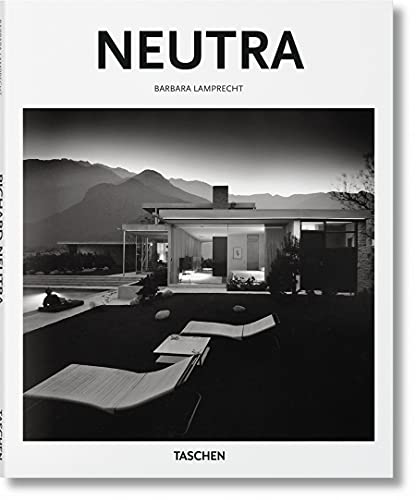 Book cover, “Neutra” by Barbara Lamprecht, featuring a modern house and mountains.