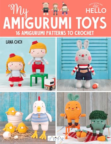 Book cover featuring colorful, crocheted amigurumi animal and vegetable toys.