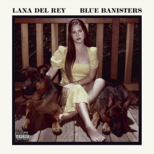 Lana Del Rey album cover, woman with dogs by wooden banisters.