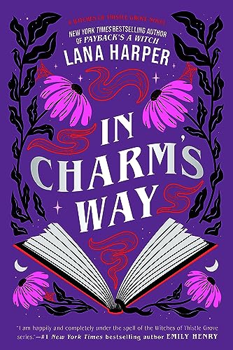 Book cover: purple floral frame, open book, and title “In Charm’s Way”.