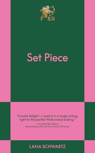Book cover: "Set Piece" with cupid illustration, pink and green color scheme.
