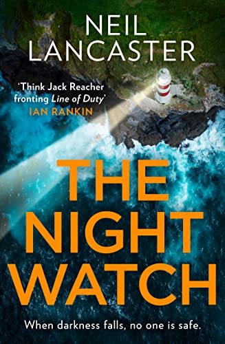 Book cover: stormy seascape with lighthouse, bold title “The Night Watch”.