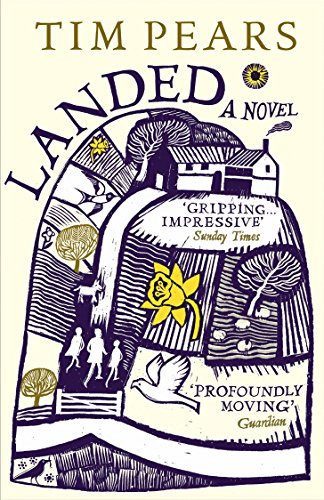 Book cover for "Landed" with a linocut-style landscape and figures.