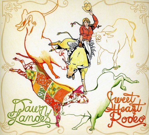 Cowgirl riding a bull in a colorful, illustrative album cover.