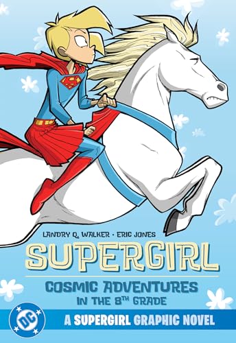 Supergirl riding a white horse, book cover illustration, graphic novel.