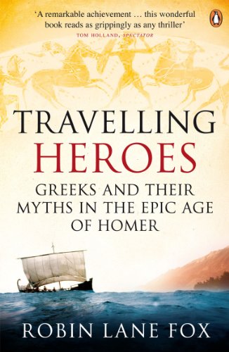 Book cover: "Travelling Heroes" with ancient art, a ship, and coastline.