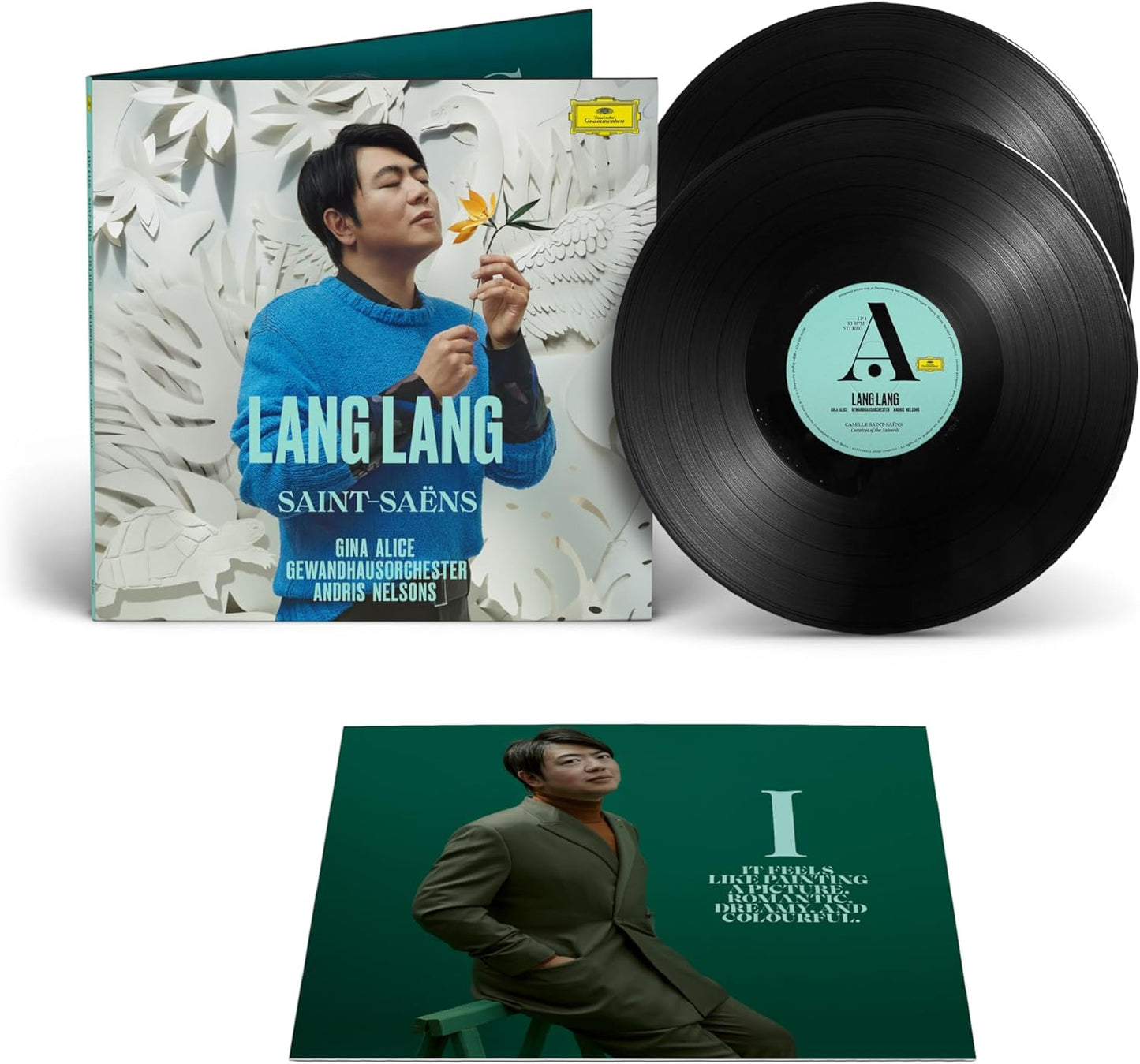 Lang Lang's "Saint-Saëns" vinyl record with album cover and insert shown.