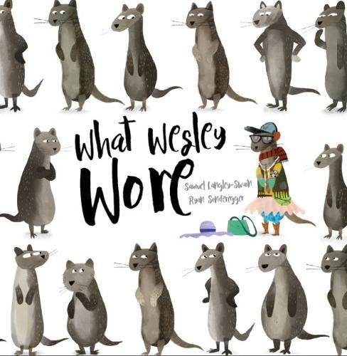 Book cover featuring many identical gray weasels, one wearing colorful clothes and a hat.