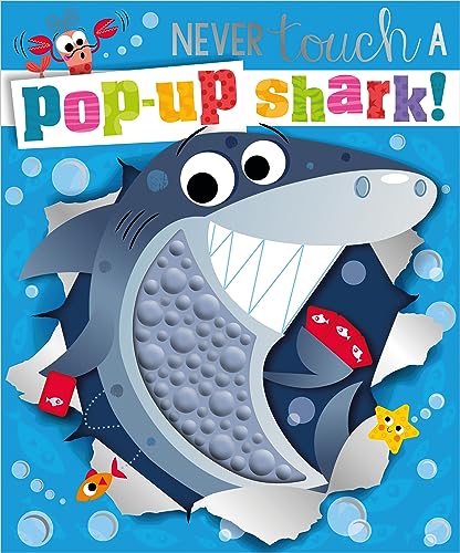 Cartoon shark with open mouth and a crab, book cover illustration.