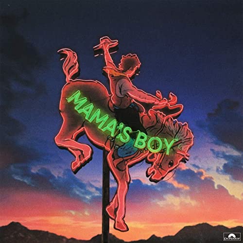 CD cover: man riding a neon horse under a sunset sky.