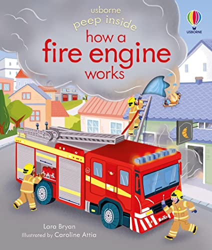 Red fire engine book cover with firefighters and a ladder.