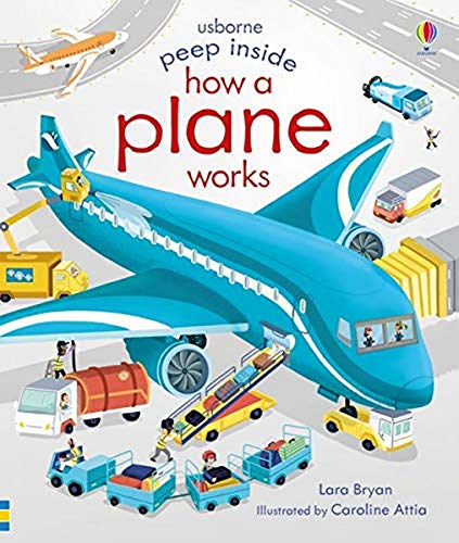 Cover of Peep Inside How a Plane Works book showing a blue airplane on tarmac.