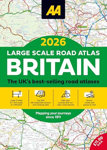 AA Large Scale Road Atlas Britain 2026 cover with map background and feature icons.