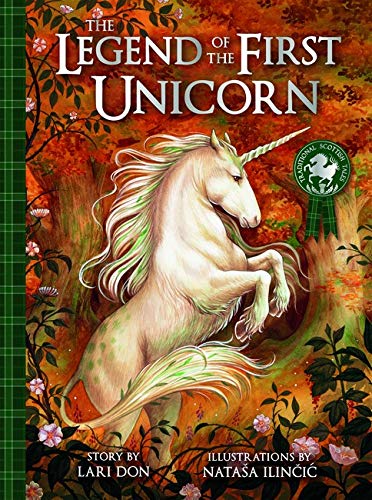 A white unicorn stands in an autumn forest on the cover of a book.