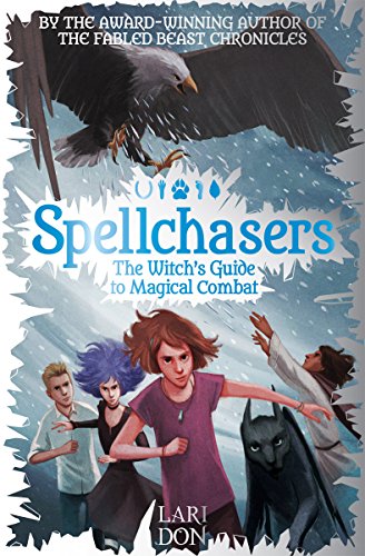 Book cover: "Spellchasers," featuring young people and a diving bird.