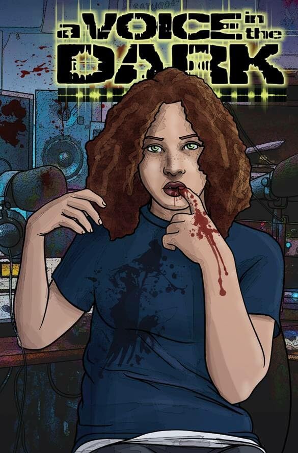 Comic cover: injured woman with blood on her face, dark background.