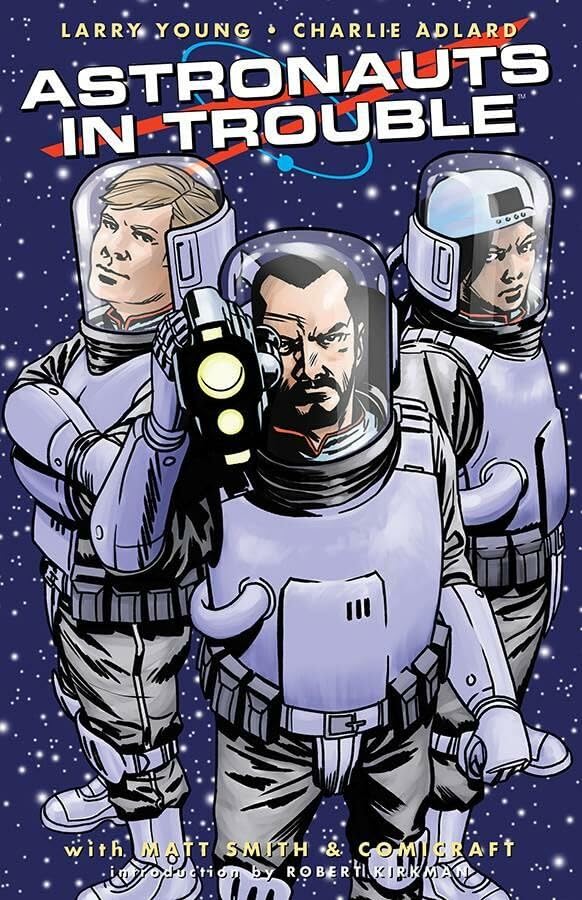 Three astronauts in space suits standing against a starry blue background.