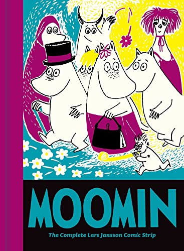Moomin characters in colorful illustration on a book cover.