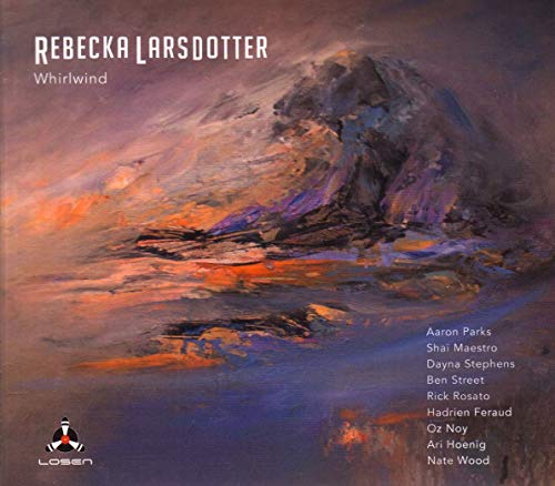 CD cover for Rebecka Larsdotter’s “Whirlwind” featuring abstract, swirling purple and gray art.