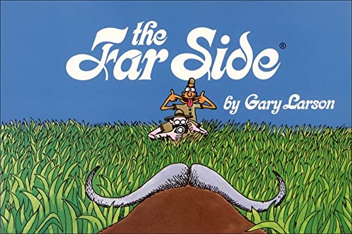 A cartoon showing a photographer in tall grass behind a large animal's horns.