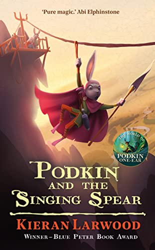 Rabbit hero Podkin swings from a rope with a spear, book cover.