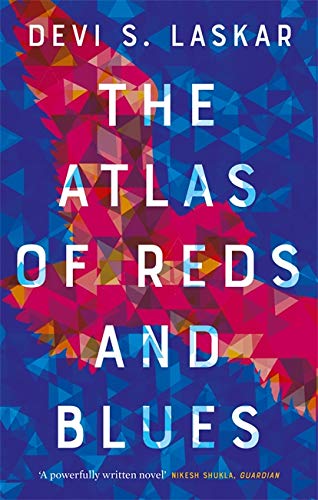 Book cover: “The Atlas of Reds and Blues” with geometric red and blue patterns.