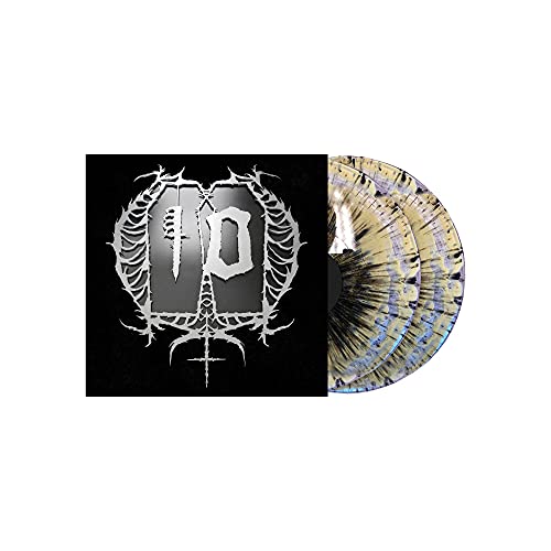 Album cover with a silver logo and two marbled black and gold vinyl records.
