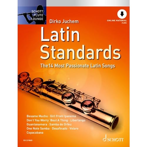 Sheet music cover for "Latin Standards" with a silver flute.