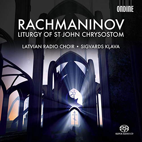 CD cover for Rachmaninov’s “Liturgy of St John Chrysostom” featuring a church interior.