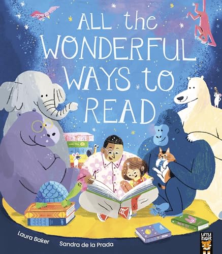 A person and child read a book surrounded by various large, friendly cartoon animals.