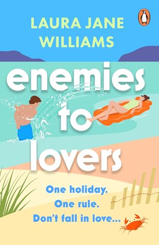 Book cover: "Enemies to Lovers" with illustration of two people by the water.