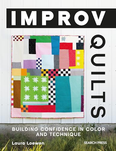 Book cover featuring a colorful, patchwork improv quilt against a white wall.