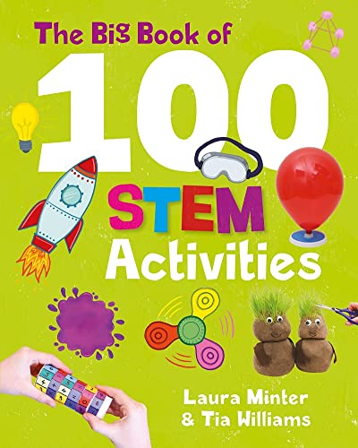 Book cover with colorful STEM illustrations: rocket, lightbulb, goggles, and plants.