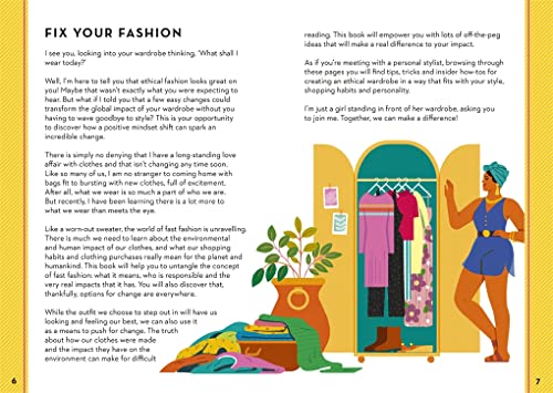 Book page with text about ethical fashion and an illustrated woman.