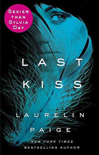 Book cover: woman’s face with blue feather effect, title “Last Kiss”.