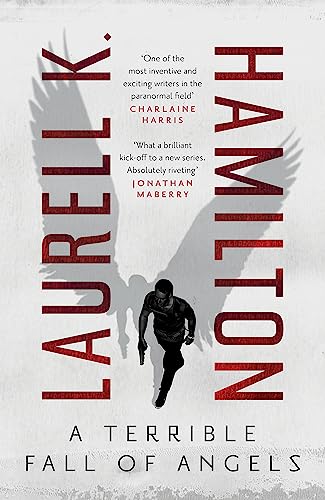 Book cover: man with gun, shadowed by large, white angel wings.