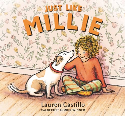 Book cover: child with dog, floral wallpaper, illustrated style.