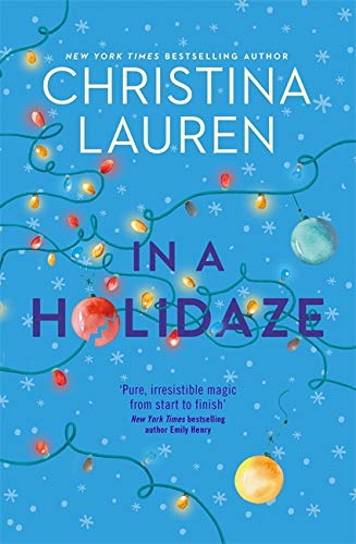 Book cover: blue background with white snowflakes and colorful holiday lights.