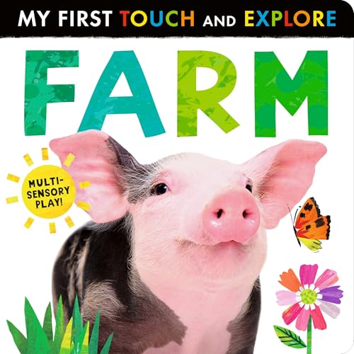 Touch and explore book cover featuring a pig, butterfly, and flowers.