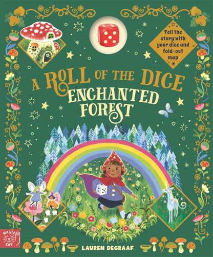 Book cover: forest scene with a child, rainbow, and a red die.