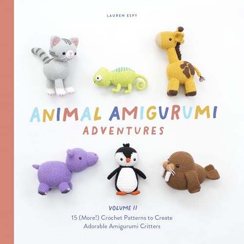 Crochet book cover featuring six colorful, handmade amigurumi animal toys.