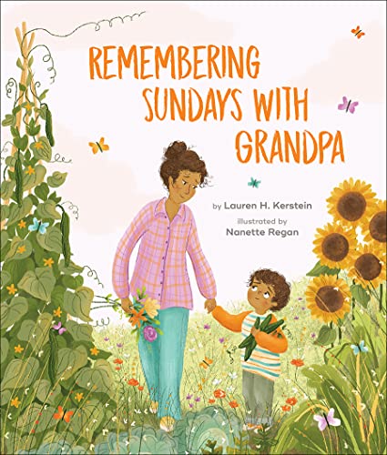 Book cover: girl and boy holding flowers with grandpa in a garden.