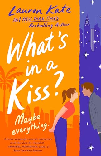Book cover: two figures about to kiss, city skyline, orange and blue.