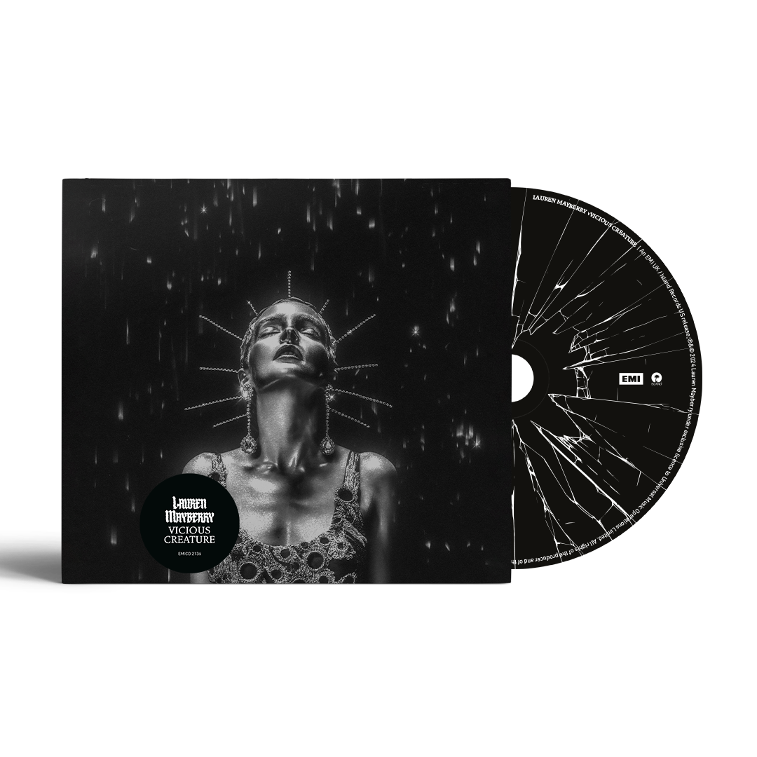 CD case for Lauren Mayberry’s “Vicious Creature” with fractured imagery.